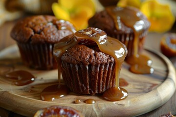 Muffins with caramel sauce on a date