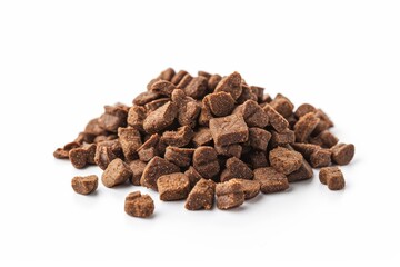 Organic brown crunchy kibble for dogs on white background Healthy pet food