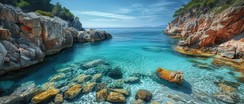 Secluded cove with turquoise water and rocky outcrops