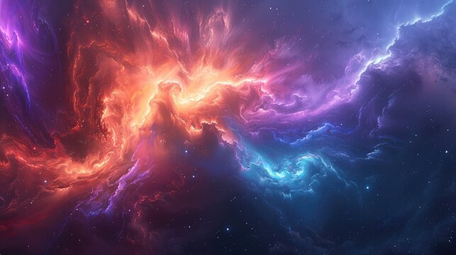 Abstract cosmic background with swirling red and blue nebulae.