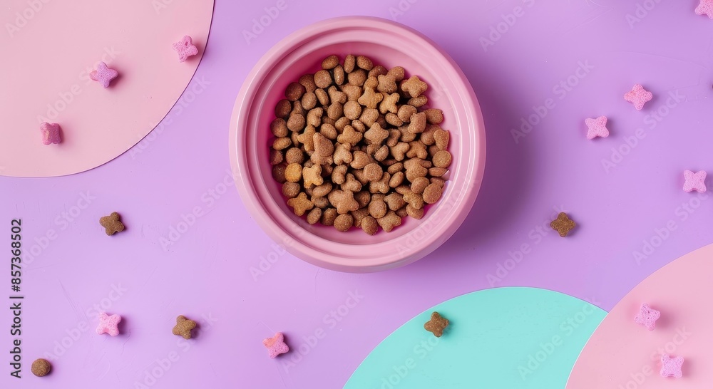 Poster Pet care with bowl and accessories on colorful background