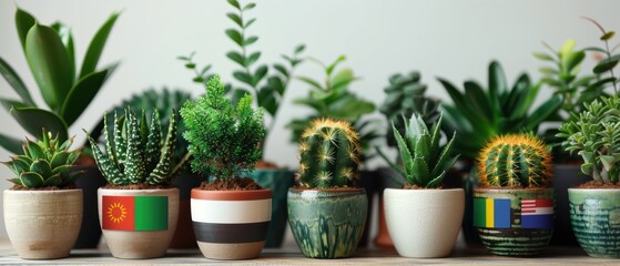Selection of green plants in pots with flags from around the world, , bright white backdrop, ample room for text