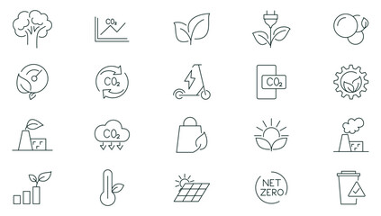 Net zero line icon set. Eco, carbon footprint, CO2 neutral, solar energy, wind power, renewable energy outline icon collection. UI thin outline icons pack.