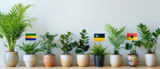 Fototapeta premium Selection of potted plants with flags from all countries, , clear white backdrop, space for copy
