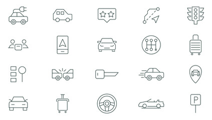 Fototapeta premium Car and rent linear icon set. Automobile business, car rent, repair, transport, travel, car sharing and transport outline icon collection. UI thin outline icons pack.