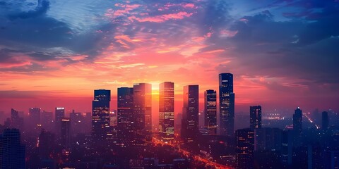 Fototapeta premium Silhouetted modern city skyscrapers against vibrant sunset sky with city lights. Concept Cityscape Photography, Sunset Silhouettes, Urban Skylines, Dusk in the City