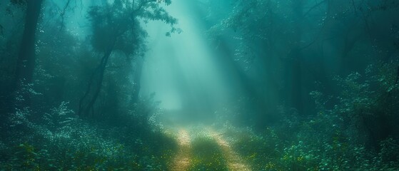 Serene image of a foggy forest path, with mystical atmosphere and soft light, perfect for fantasy and nature themes