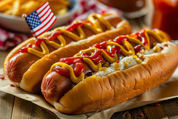 A hot dog with ketchup, mustard with an american stars and stripes flag. 4th July celebration food