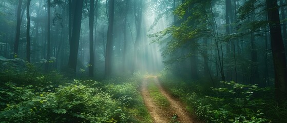 Obraz premium Serene image of a foggy forest path, with mystical atmosphere and soft light, perfect for fantasy and nature themes