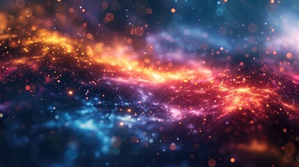Abstract cosmic background with vibrant red, orange, and blue colors, depicting a nebula with glowing particles.