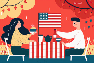A couple enjoys a picnic in the park on a bright red background, featuring an American flag and red, white, and blue picnic decorations