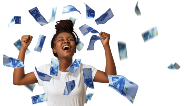 NIgerian naira notes falling, raining on young black African woman with braids excited amazed suprised jubilating with hands in the air, winner celebration over transparent background, copy space