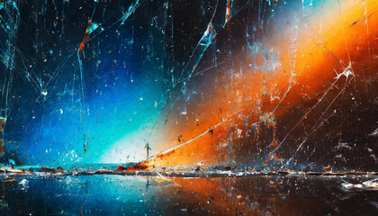 orange blue texture of broken display glass, cracks and dust glitch, background banner web design