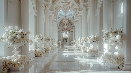 Fototapeta premium An elegant white hall with tall arches and columns, adorned with white floral arrangements and a grand chandelier. Generative AI.