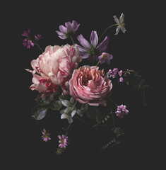 lush dark bouquet made of pink, purple and white flowers, floral arrangement with peony, rose and wildflowers, center design element or motif for cards, wedding stationery, covers, posters, packaging 