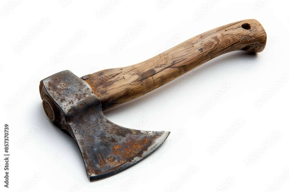 Poster vintage axe for multiple carpentry tasks with wooden handle on white backdrop