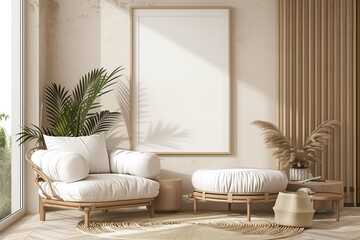 Frame mockup, ISO A paper size. Living room wall poster mockup. Interior mockup with house background. Modern interior design. 3D render



