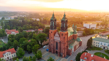 church on Tumsky Island in Poznań at dawn in the fog in spring in Poland