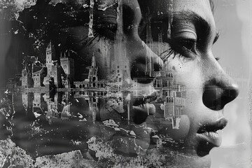 Black and white artistic rendition of a historical cityscape is shown on worn textured paper over face portrait of a woman