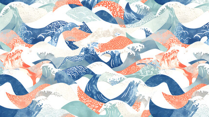 Cut paper collage repeating pattern using photographs of waves in various colorways