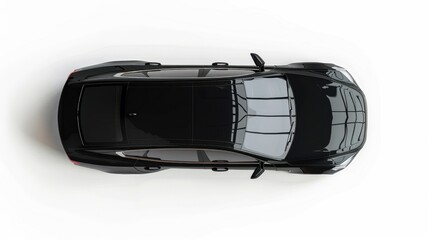 A black sedan, with a shiny finish, is photographed from a bird's eye view, isolated against a white backdrop.