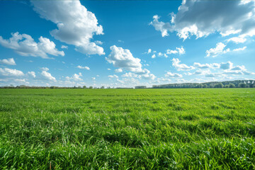 A wide-open green field with lush grass, a clear blue sky, and lots of space for placing text and product images.. AI generated.