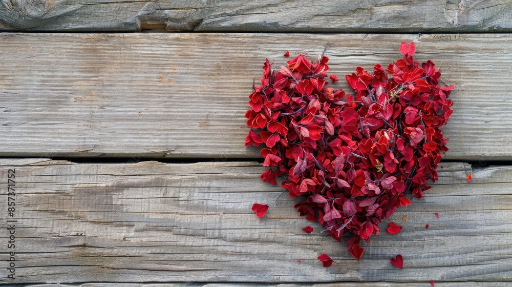 Wall mural Red dry flower heart on wooden surface