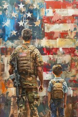 Fototapeta premium Father soldier with son, American flag backdrop, rear view, happy reunion, 4th July, Memorial Day, bright and celebratory, generative AI