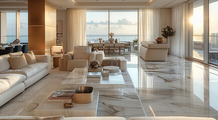Living room without any lamps and ceiling extensions, penthouse, marble materials, beige, natural sunlight, different views, cozy environment. Generative AI.