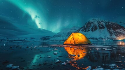 Brightly lit tent set against a stunning night sky with aurora borealis near a snowy mountain and reflected in icy water.