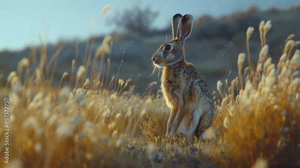 Wall mural cute wild hare sitting in a field of soft grass. the hare is looking to the right of the frame. the  - Wall murals