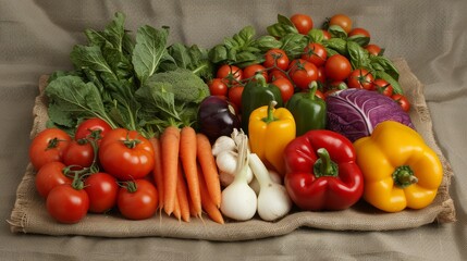 Harvest of diverse vegetables on a burlap cloth, featuring a mix of colorful produce like tomatoes, carrots, peppers, and leafy greens, symbolizing healthy vegetarian living