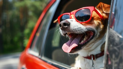 Happy dog with red sunglasses enjoying a car ride with its head out the window on a sunny day.