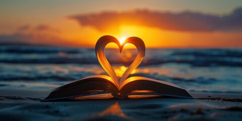 Heart-shaped pages of an open book at sunset by the beach, symbolizing love and romance in a serene coastal setting.