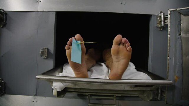 Feet on corpse in morgue with toe tag