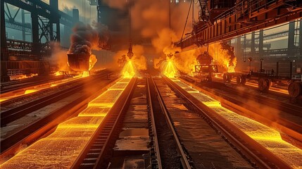 A steel mill with a lot of hot steel. depth of field. Generative AI.