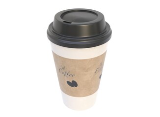 3D render of a cup of coffee. Paper cup on a light background. 3D render.