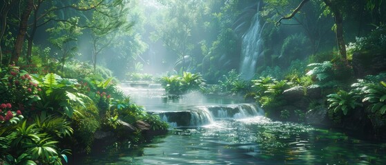 Serene river flowing through a dense forest