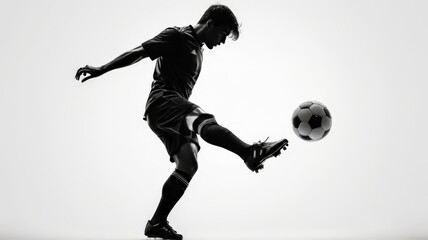 Obraz premium Black and white silhouette of a football player kicking the ball on a white background. Soccer player kicking ball, abstract isolated vector silhouette, footballer logo, ink drawing, rear view. 