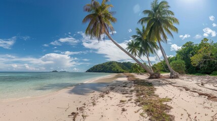 Fototapeta premium A panoramic view of a pristine tropical beach with swaying palm trees, white sand and clear blue water.
