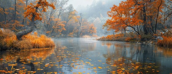 Serene river with autumn leaves and a misty morning