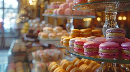 Colorful macarons on display at a pastry shop with glass shelves