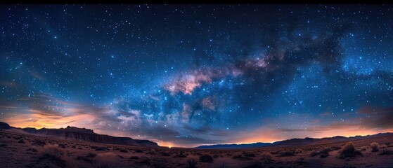 Fototapeta premium Sky filled with stars and a few scattered clouds over a desert landscape, creating a mystical and serene nighttime scene, Astrophotography, long exposure,