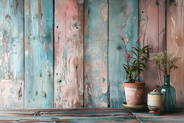 Two vases flowers wooden shelf