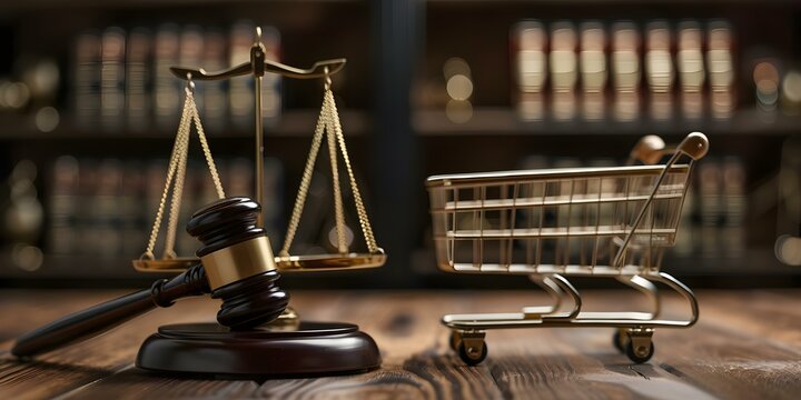 Symbols like gavel cart and hammer represent consumer rights and protection. Concept Legal Rights, Consumer Protection, Law Enforcement, Symbolism, Advocacy