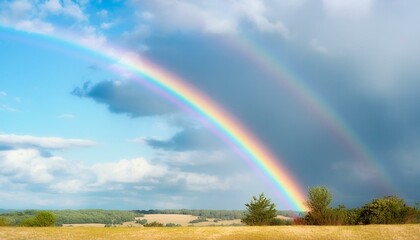 Himmelsspektakel: Bunter Regenbogen auf klarem, blauen Himmel
