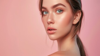 A young woman with light brown hair and blue eyes stares at the camera with a pink background. Her skin is soft and radiant.