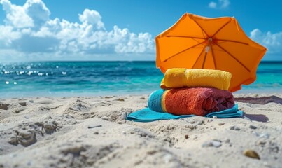 Naklejka premium Beach towels and a sun umbrella on sand