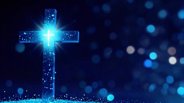 Christian Cross on Horizontal blue bokeh glint banner background loop copy space. 3D animation for social media online worship live stream church prayer on Feast of Mary, and the Immaculate Conception