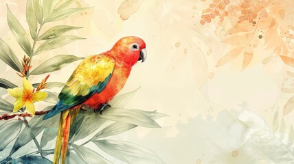 Watercolor illustration of a parrot perched amidst tropical flowers. Bright hues and delicate shading.